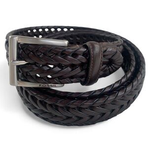 Fossil Myles Dark Brown Braided Leather Belt with Brushed Nickel Buckle 40